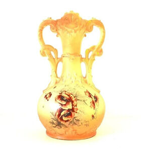Vtg  1965 Porcelain Victorian Double Handle Trophy Vase W/ Flowers  & Gold Trim